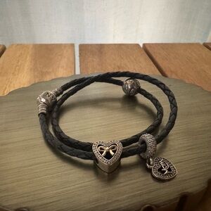 Pandora Black Leather Bracelet Heart Bow Charm Mom Mother’s Day Sterling Silver
